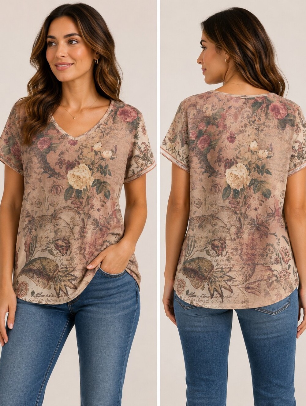 Xcit U.S.A. Floral Graphic V-Neck Short Sleeve Top Beige Tan Multi